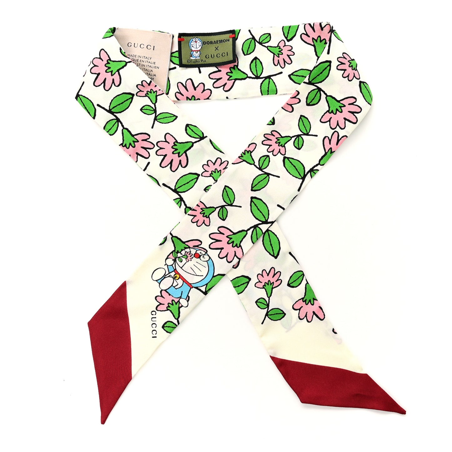 X DORAEMON Silk Twill Doraemon Flower Neck Bow Scarf Ivory Red