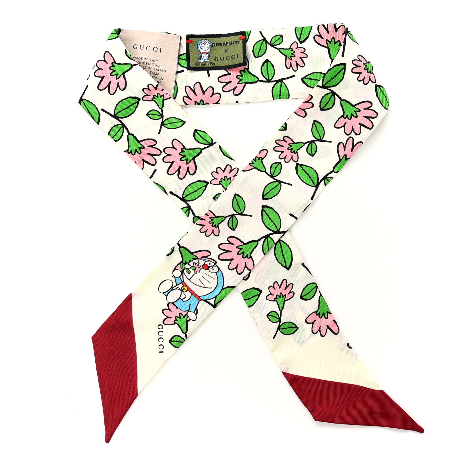 Gucci X DORAEMON Silk Twill Doraemon Flower Neck Bow Scarf Ivory Red 1 of 3
