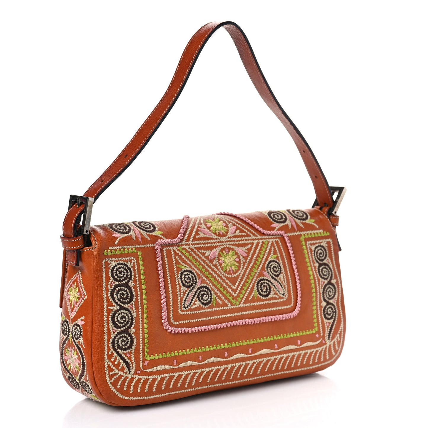 Calfskin Embroidered Baguette Brown