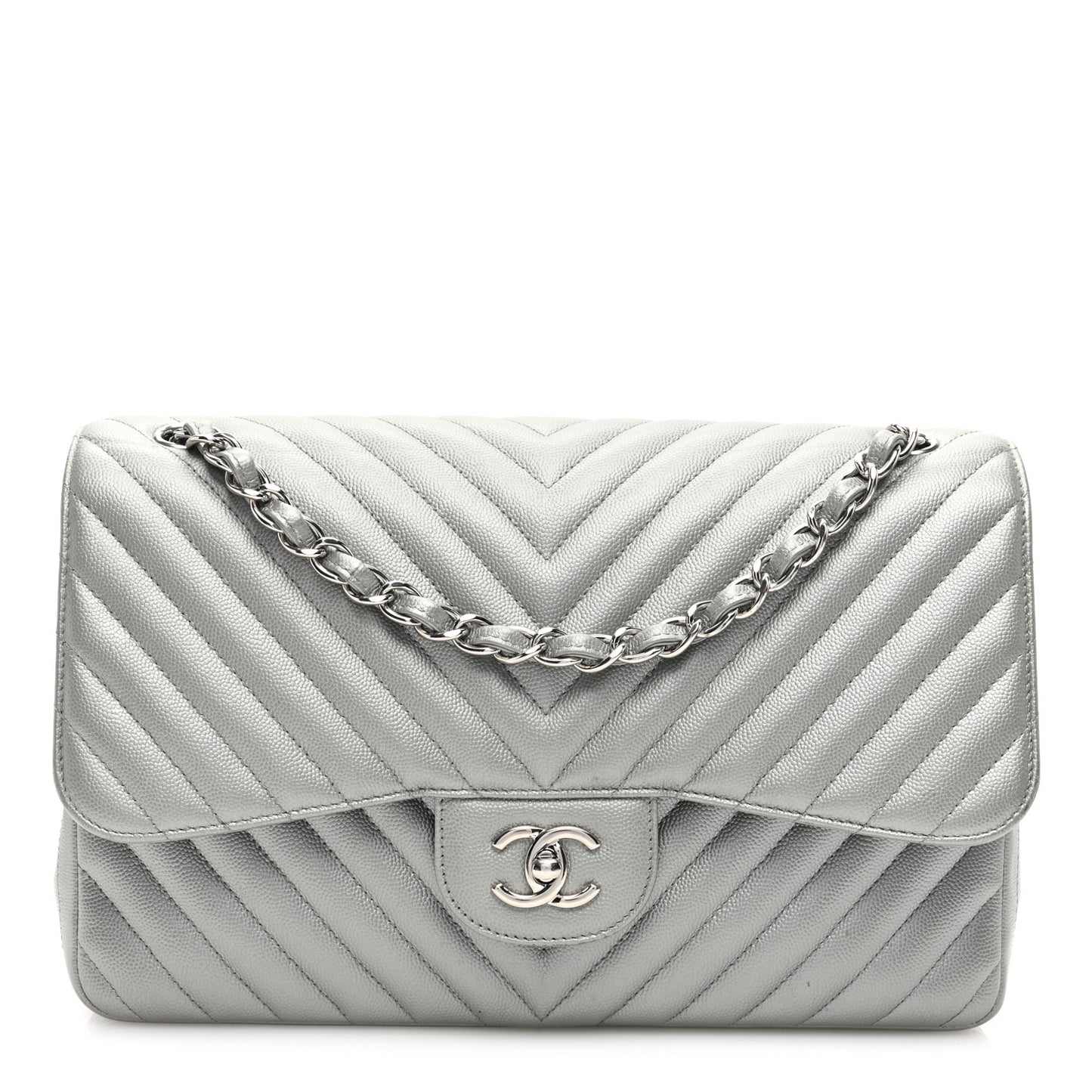 Metallic Caviar Chevron Quilted Jumbo Double Flap Silver