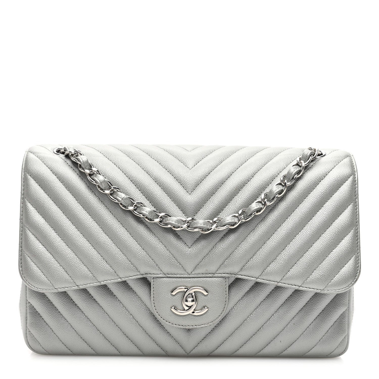 Chanel Metallic Caviar Chevron Quilted Jumbo Double Flap Silver 1 of 13