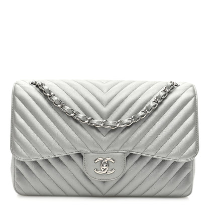 Chanel Metallic Caviar Chevron Quilted Jumbo Double Flap Silver 1 of 13