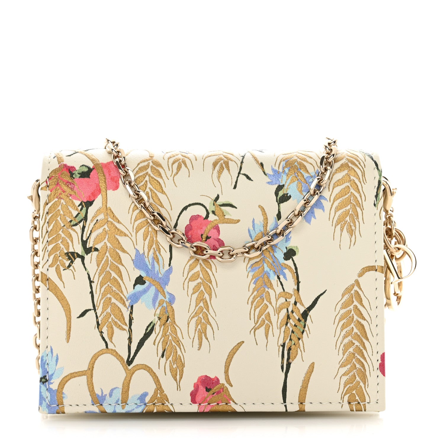 Christian Dior Calfskin Hibiscus Printed Gusseted Card Holder Chain Beige Multicolor 1 of 8