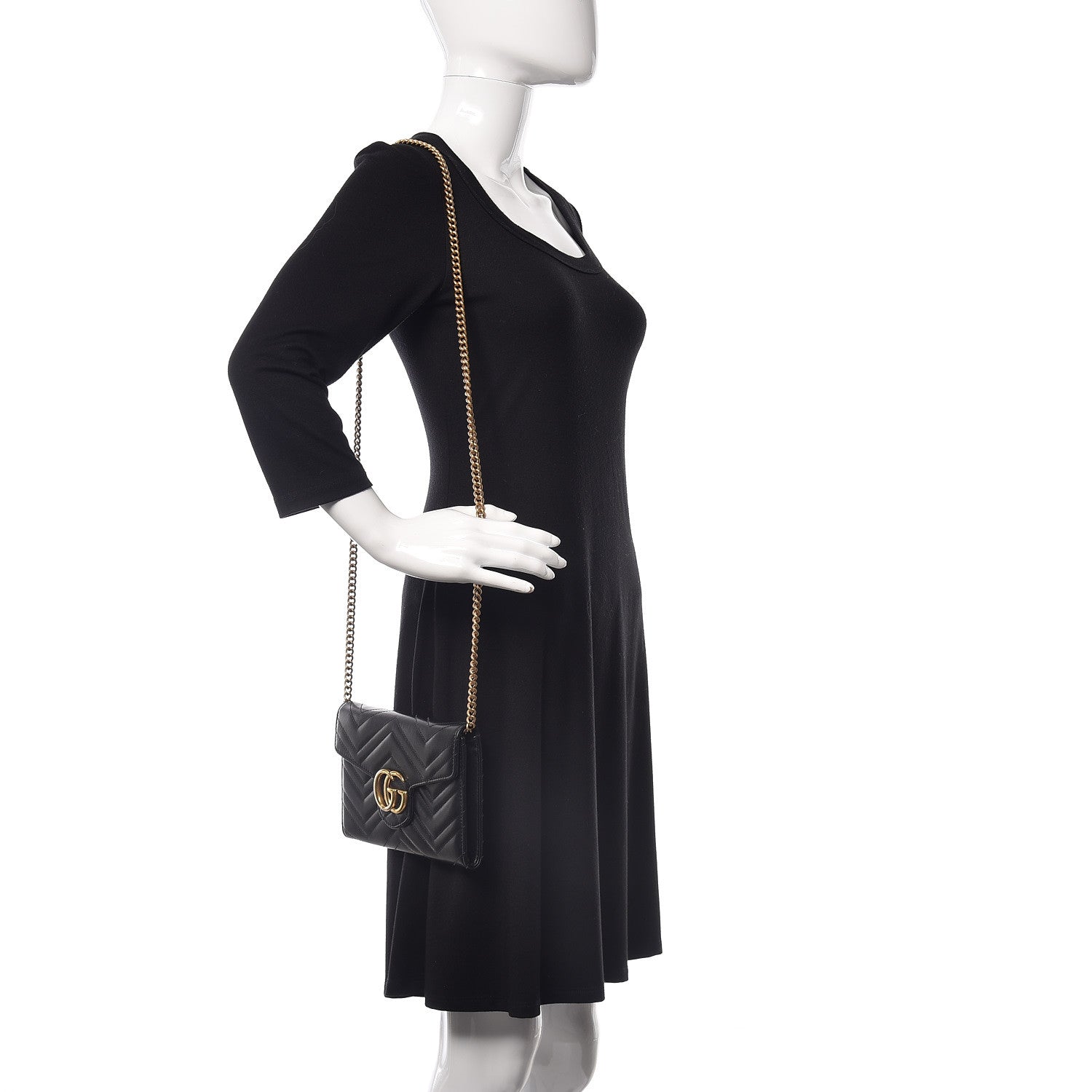 Gucci Calfskin Matelasse Mini GG Marmont Chain Wallet Black 2 of 14