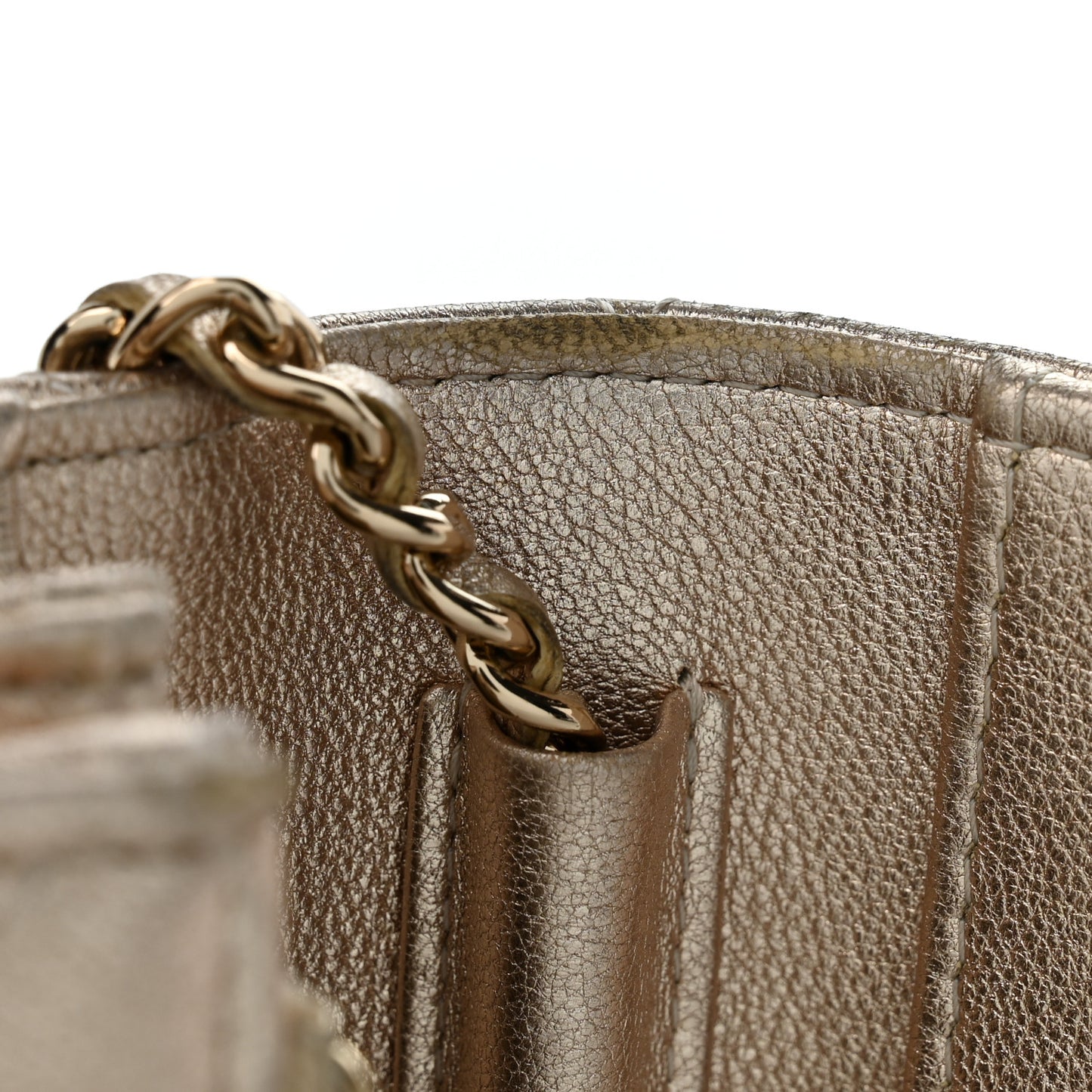 Metallic Lambskin Quilted Mini Wallet On Chain WOC Gold