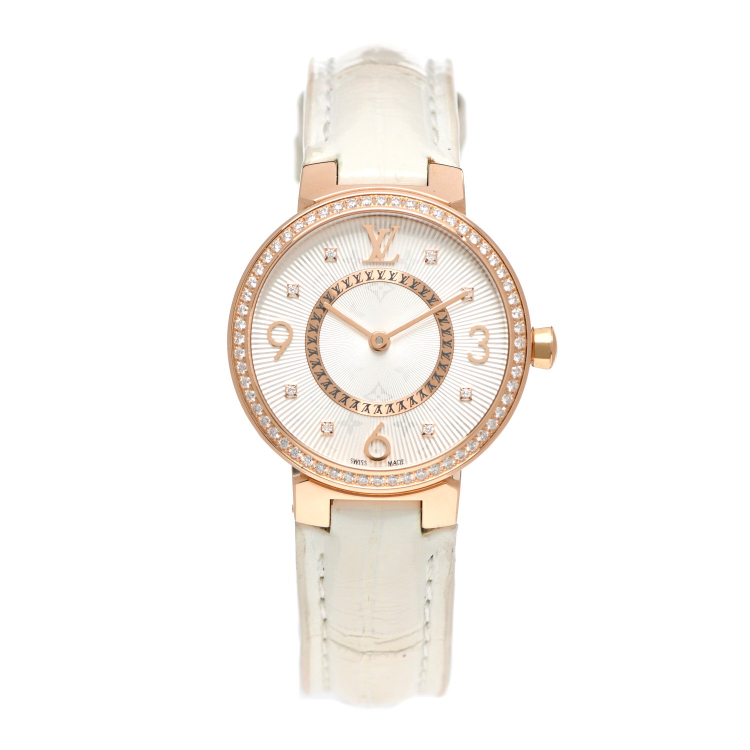 Louis Vuitton 18K Pink Gold Alligator Diamond 28mm Tambour Quartz Watch 1 of 7