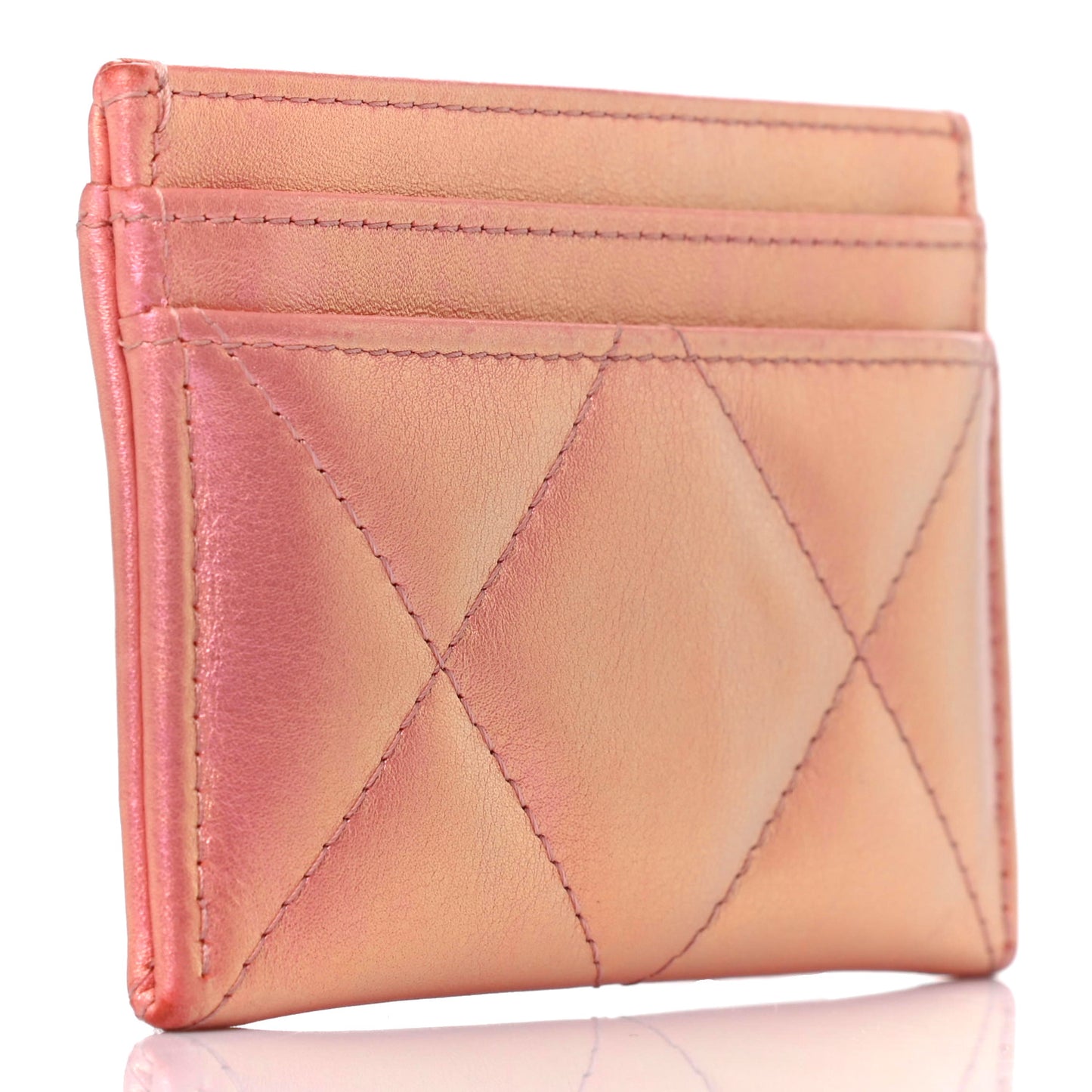 Iridescent Calfskin Quilted Chanel 19 Card Holder Pink