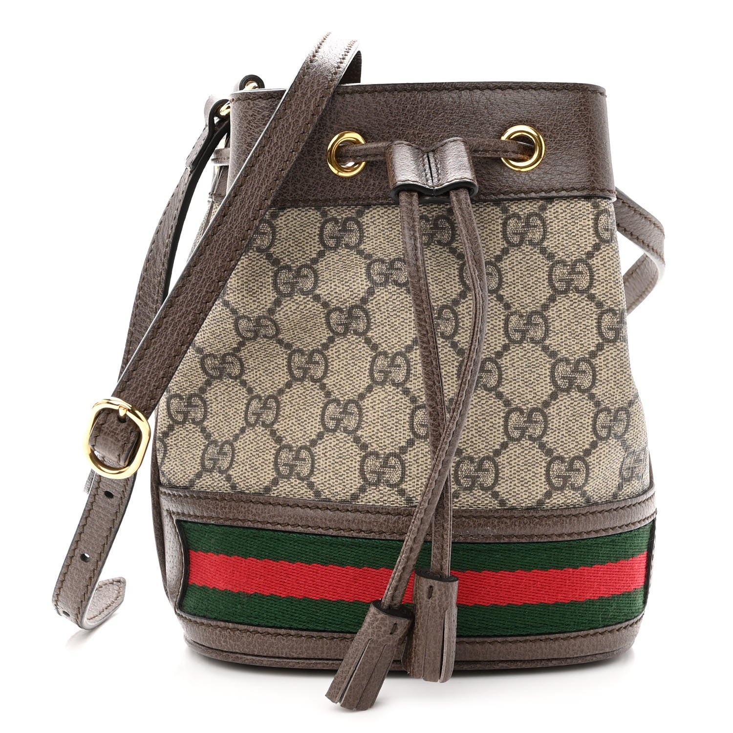 Gucci GG Supreme Monogram Web Mini Ophidia Bucket Bag Brown 1 of 10