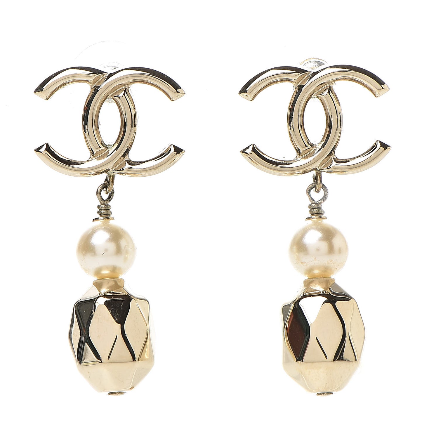 Metal Bead Pearl CC Drop Earrings Golden Pearly White