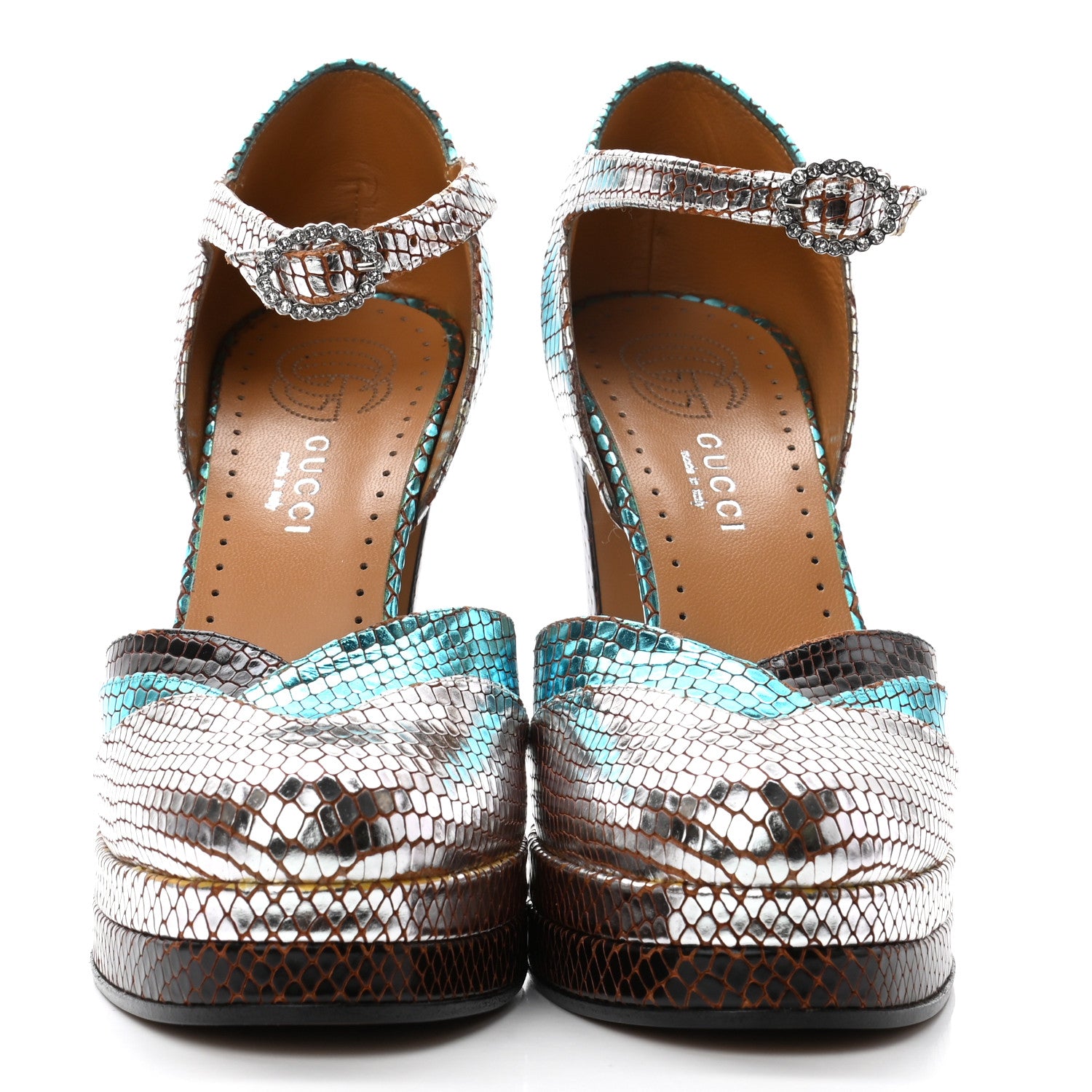 Gucci Metallic Calfskin Embossed Python GG Ankle Strap High Heel Pumps 38.5 Multicolor 2 of 9