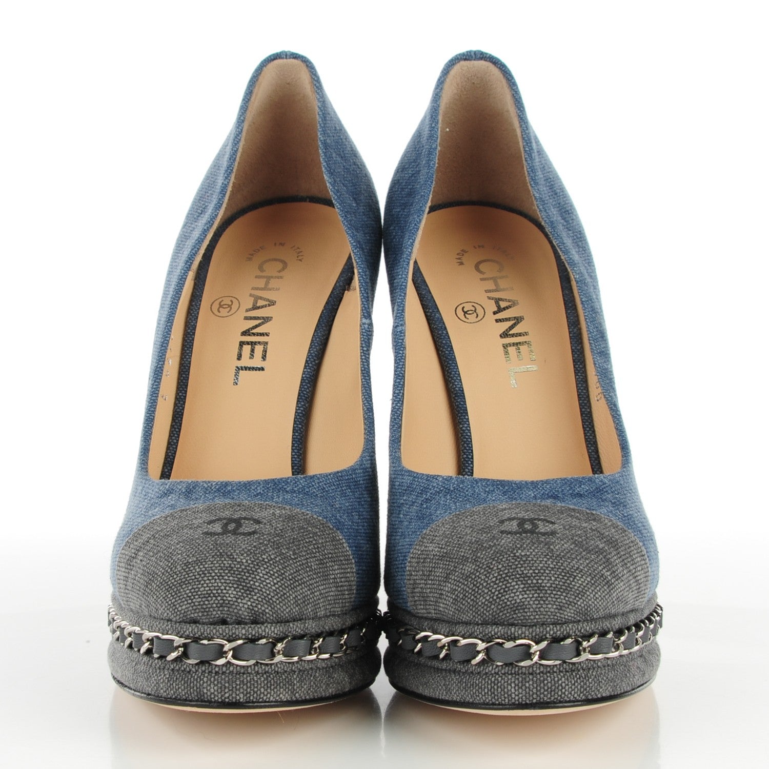 Chanel Denim Chain Around Cap Toe Platform Pumps 37.5 Blue Gris Fonce 2 of 9