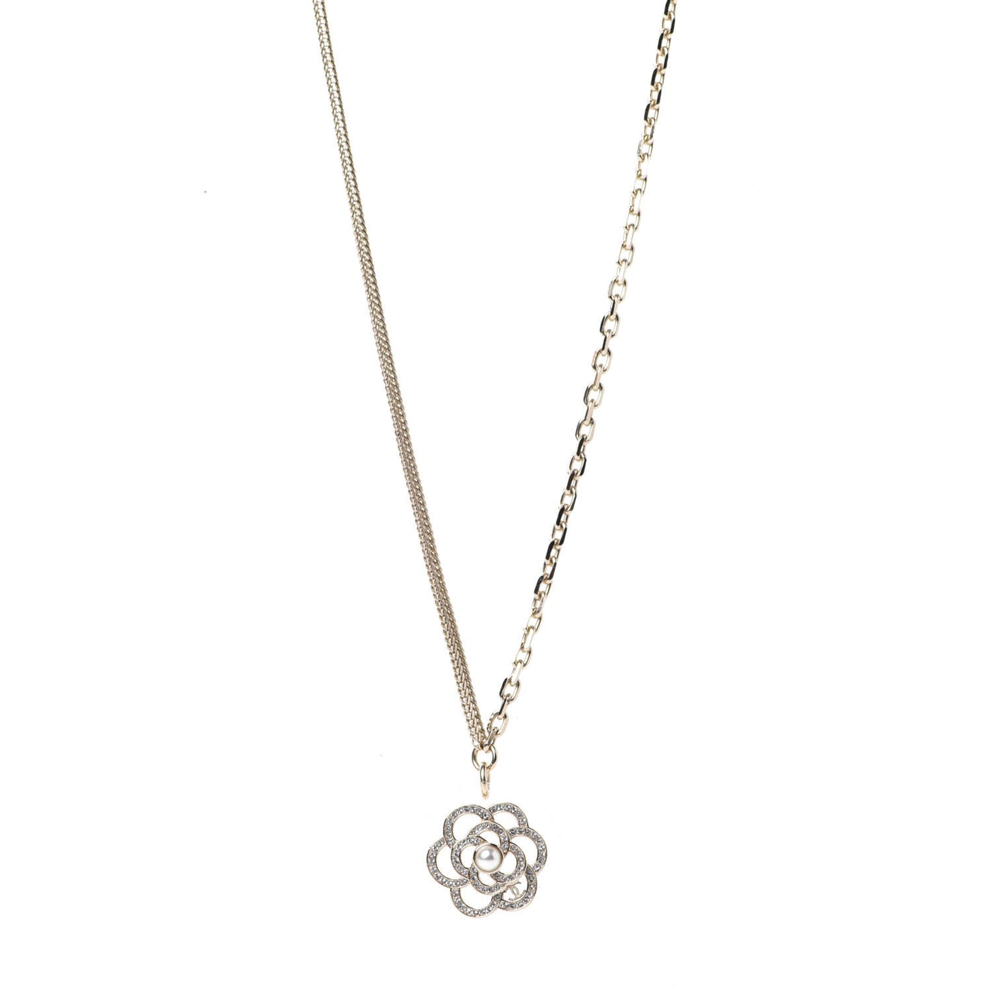 Crystal Pearl CC Camellia Necklace Gold