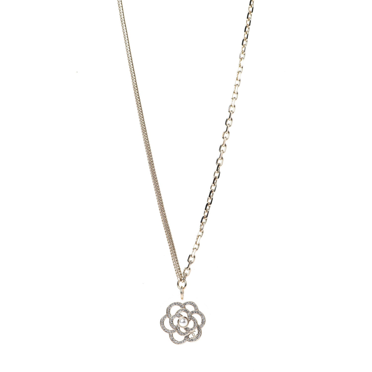 Chanel Crystal Pearl CC Camellia Necklace Gold 1 of 7
