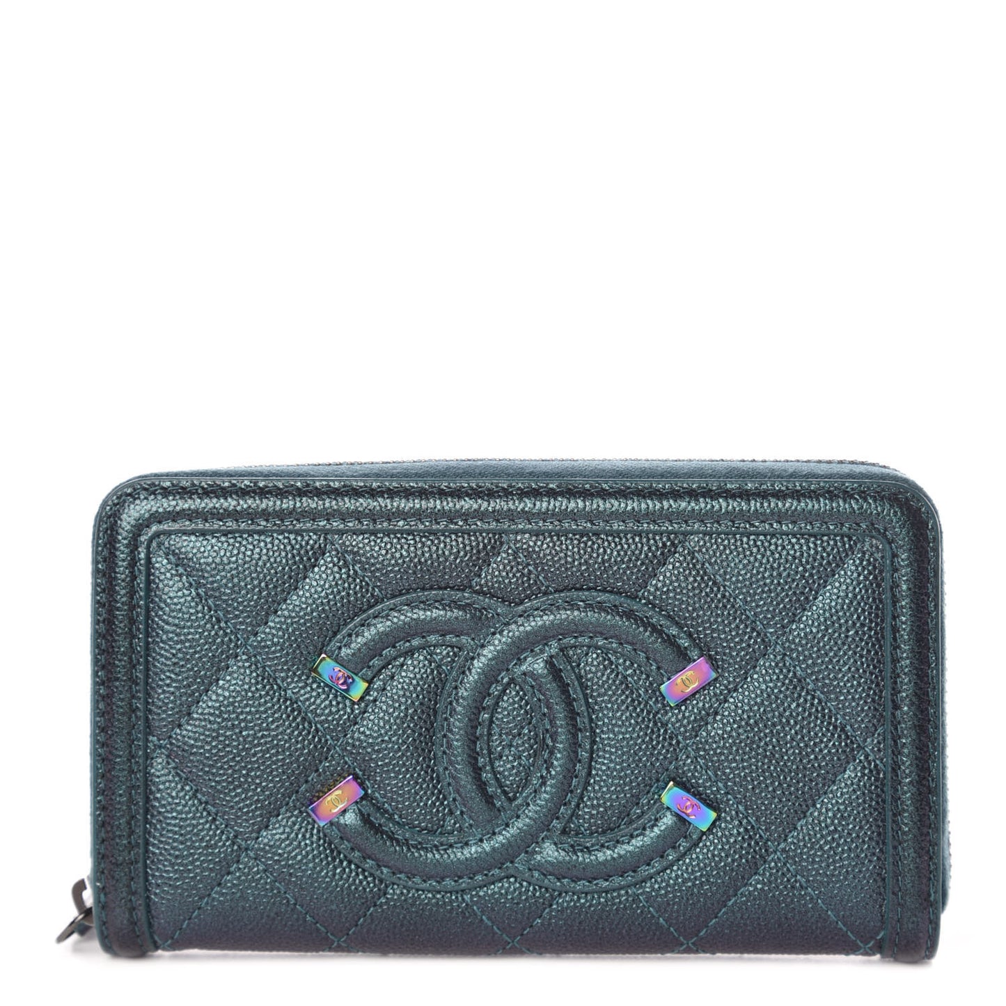 Iridescent Caviar Quilted Medium Filigree Zip Around Wallet Dark Turquoise