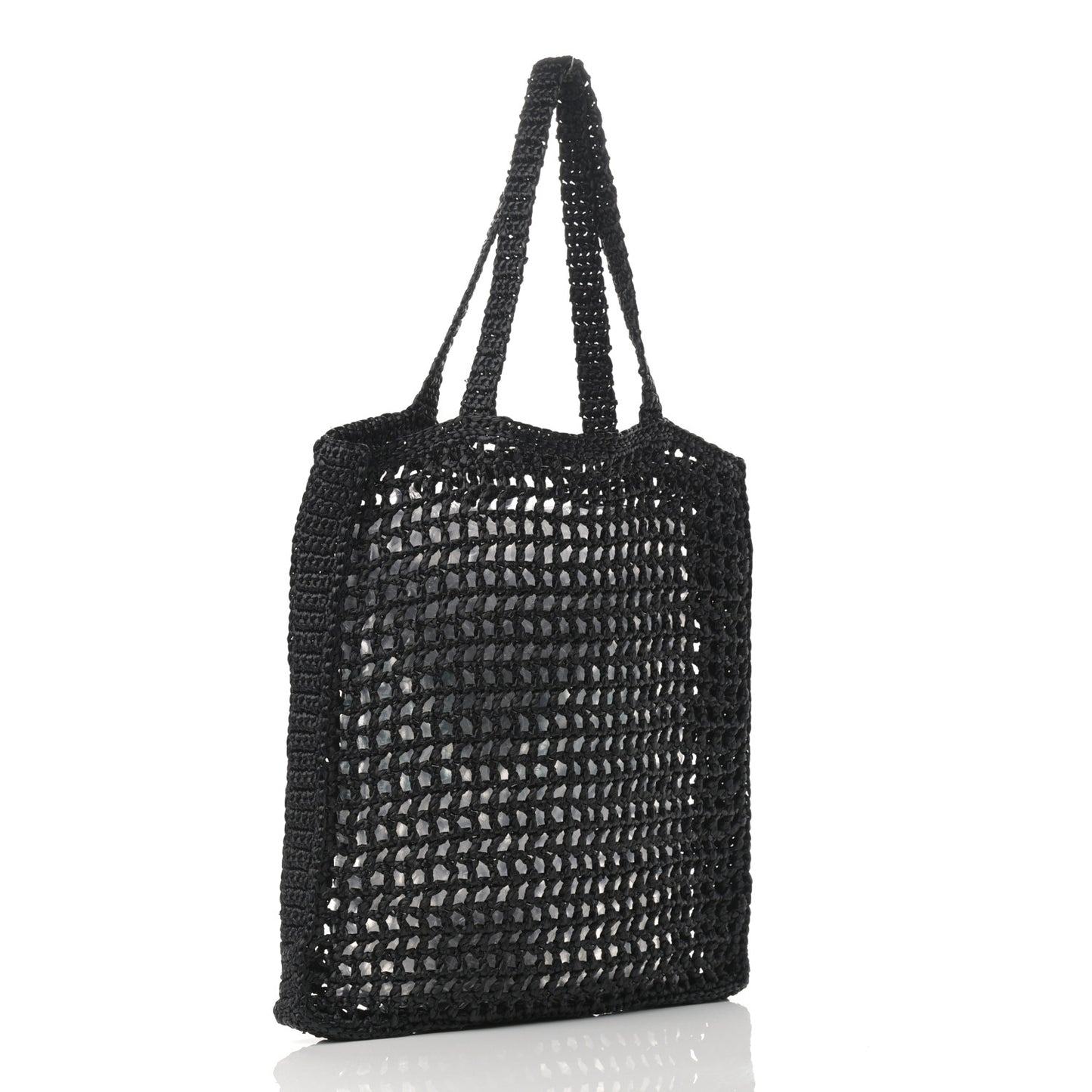 Yarn Raffia Effect Crochet Logo Embroidered Tote Bag Black