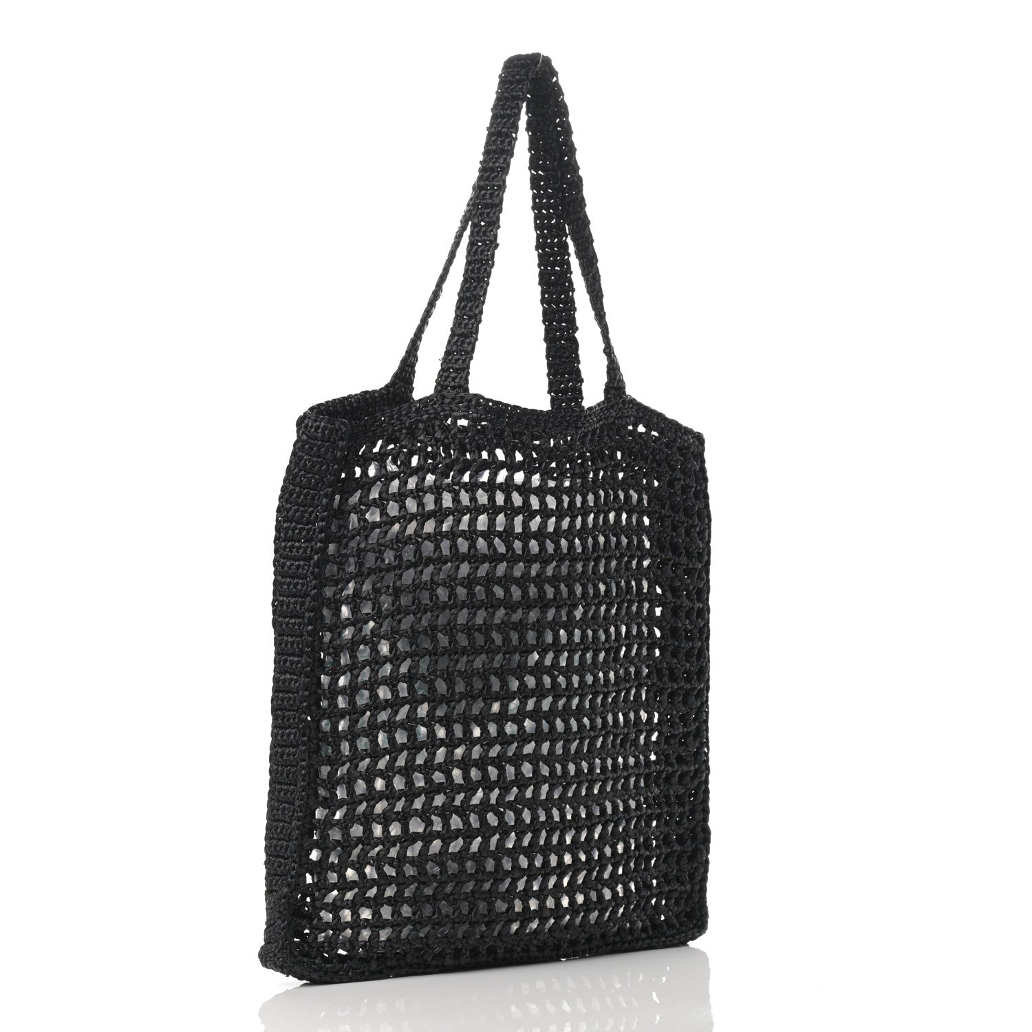 Prada Yarn Raffia Effect Crochet Logo Embroidered Tote Bag Black 3 of 10