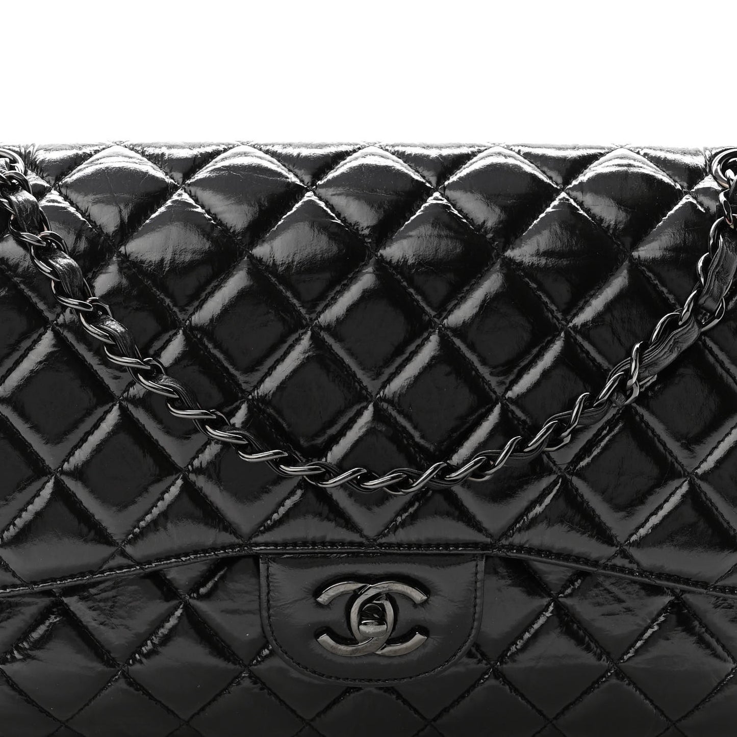 Shiny Distressed Calfskin Quilted Jumbo Double Flap So Black