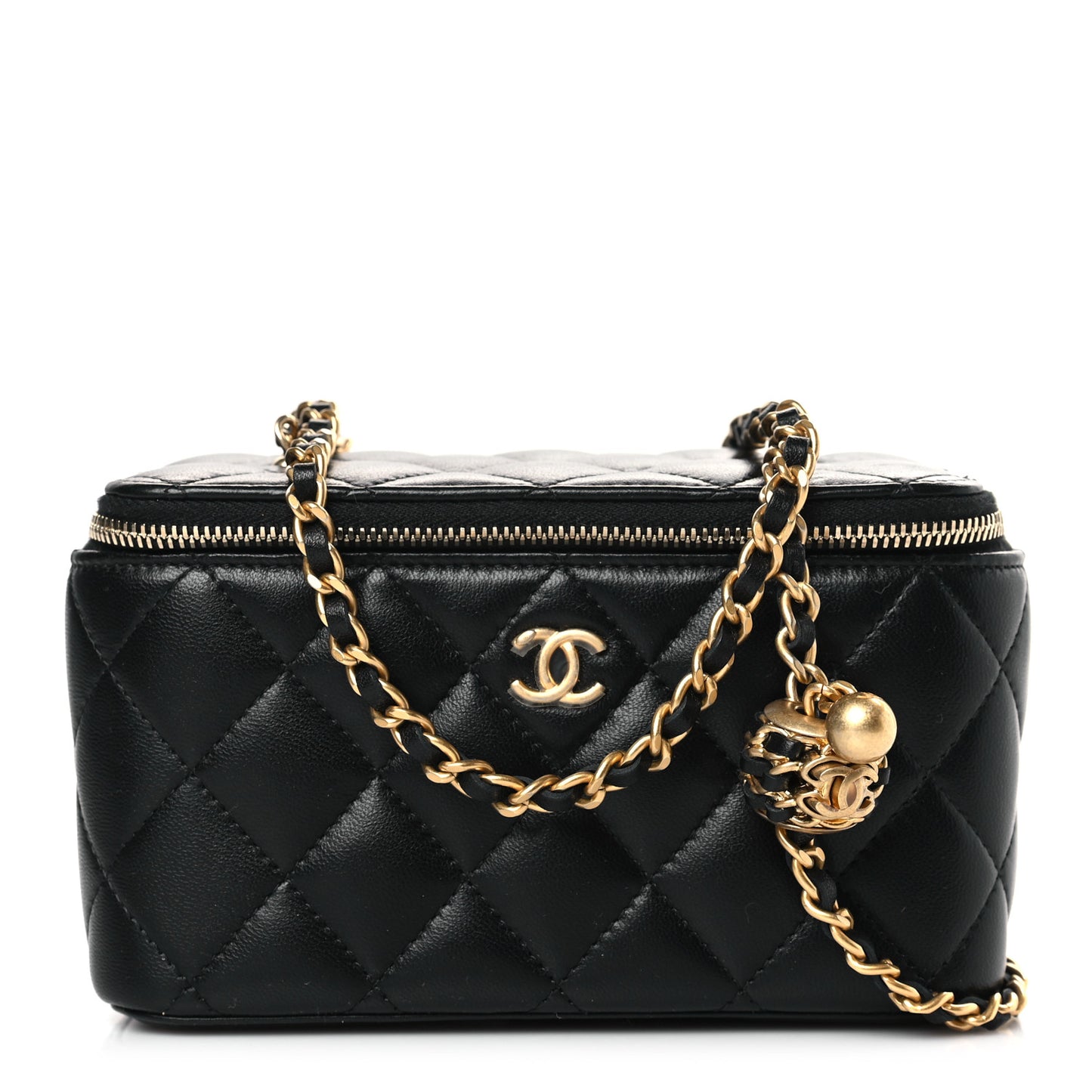Lambskin Quilted Small Pearl Crush Vanity Case With Chain Black