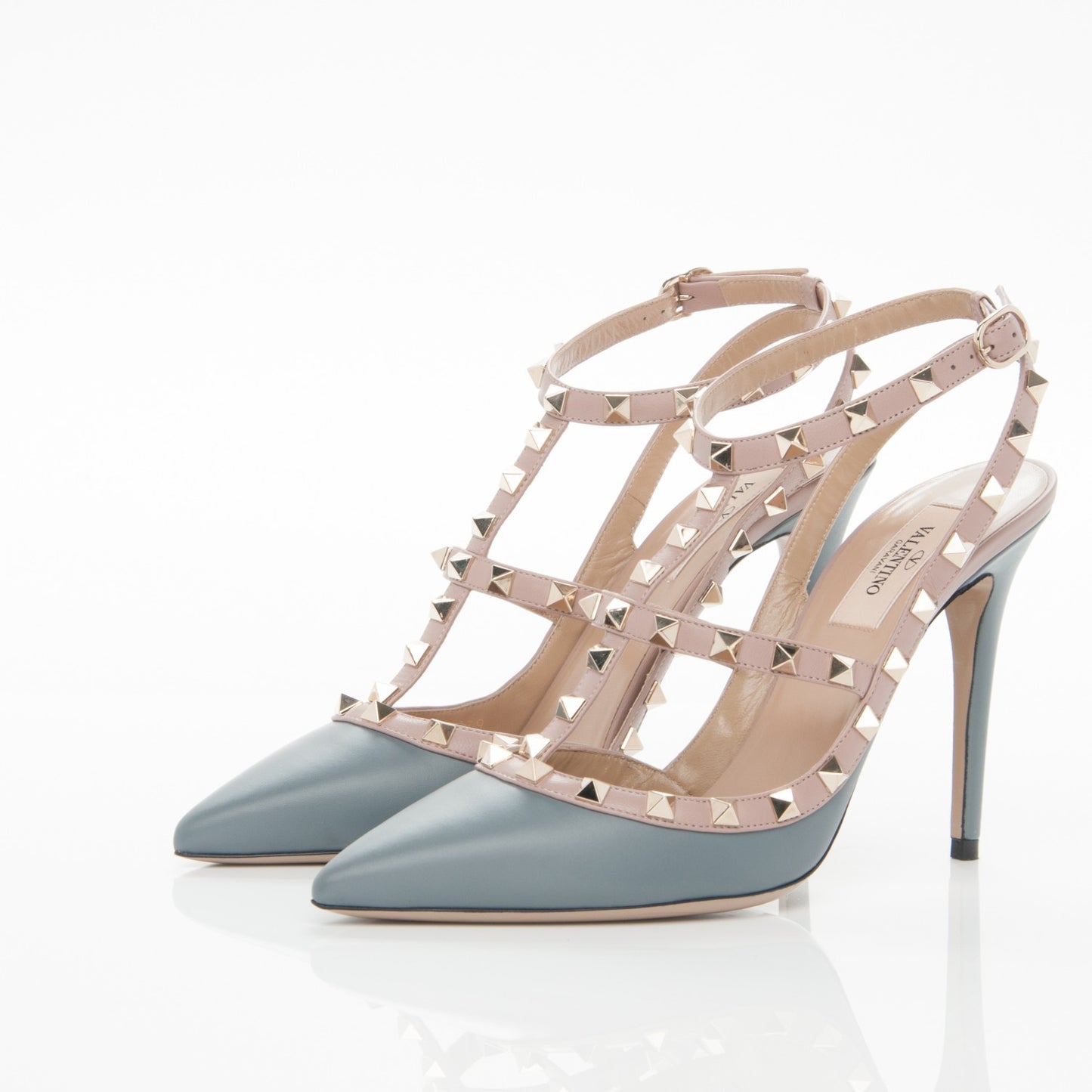 Calfskin Nappa Rockstud Ankle Strap 100mm Pumps 39 Light Stone Poudre