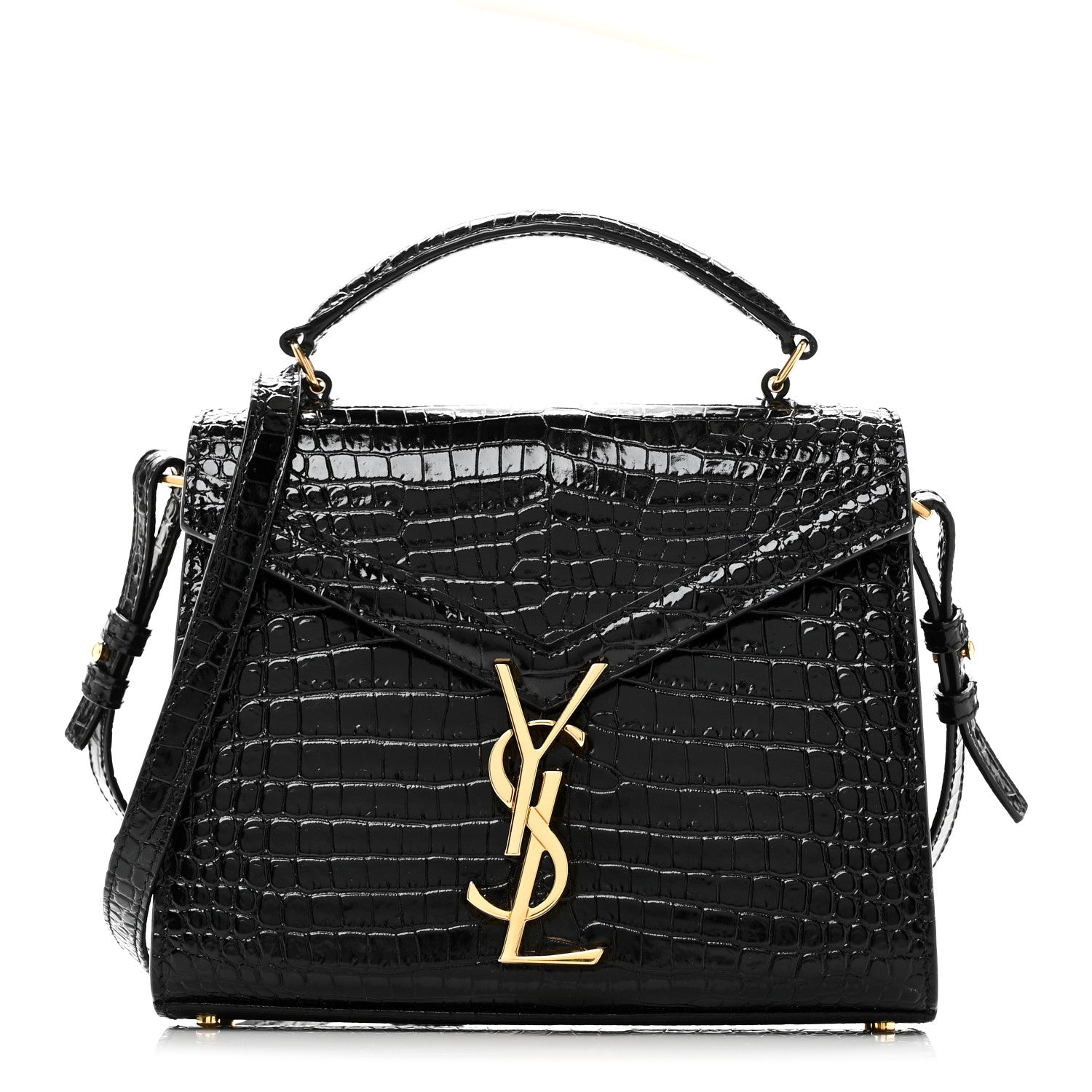 Saint Laurent Calfskin Crocodile Embossed Mini Classic Monogram Cassandra Top Handle Black 1 of 9