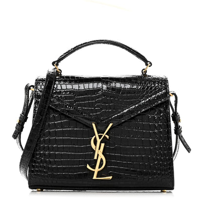 Saint Laurent Calfskin Crocodile Embossed Mini Classic Monogram Cassandra Top Handle Black 1 of 9
