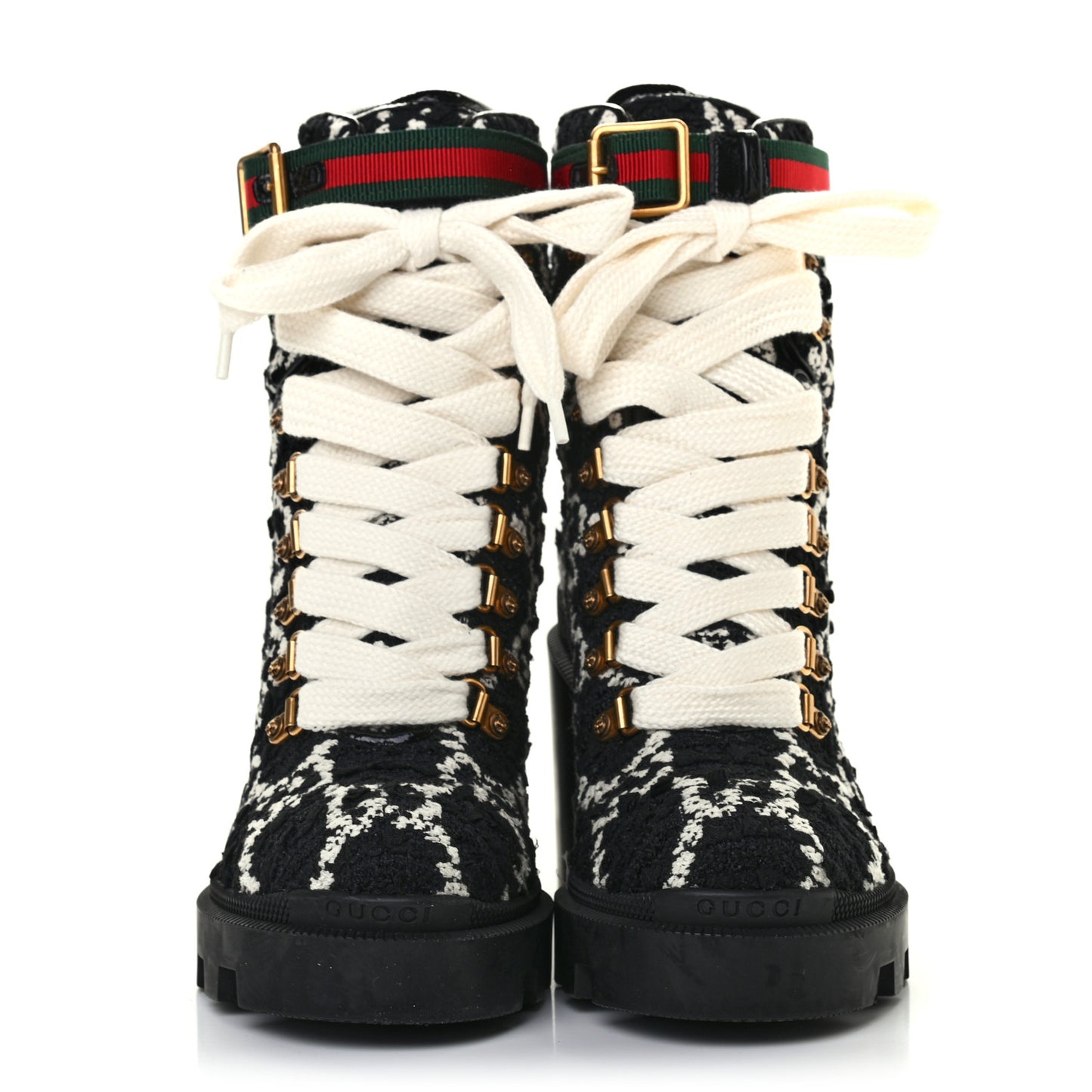 Tweed GG Monogram Lace Up Combat Ankle Boots 36.5 Black