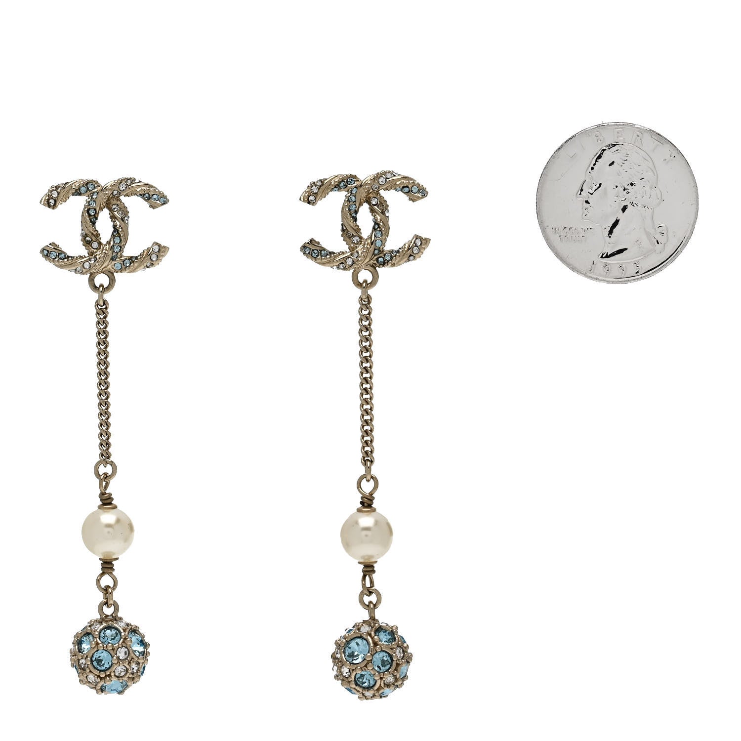 Chanel Crystal Pearl CC Ball Chain Drop Earrings Gold Blue 2 of 5