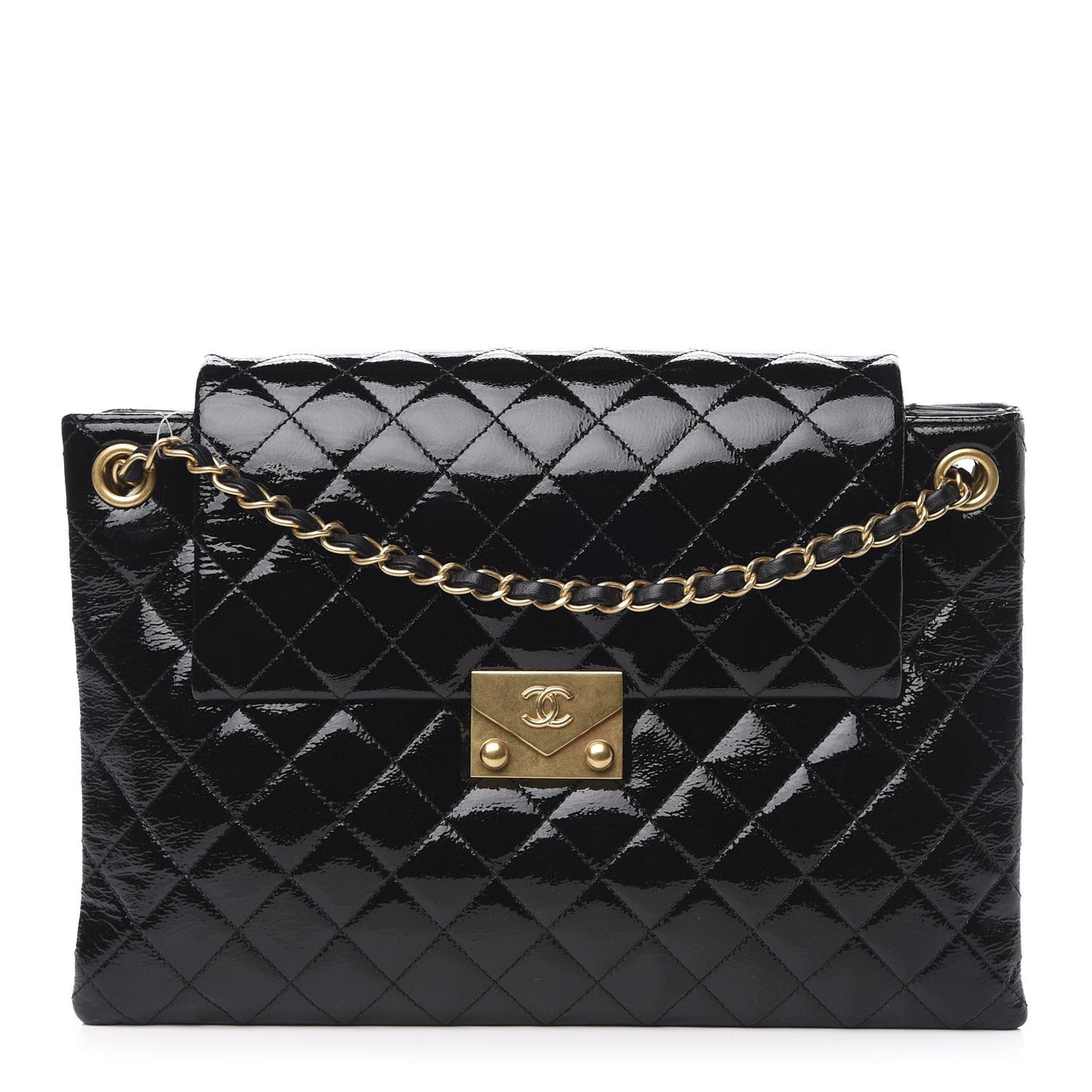 Patent Goatskin Quilted 3 Pocket Accordion Flap Black