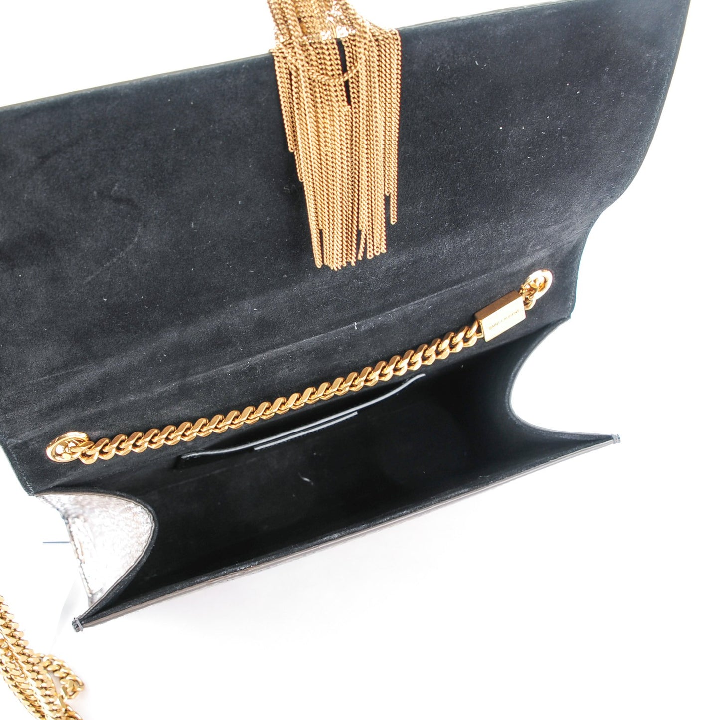 Metallic Lizard Embossed Medium Classic Monogram Tassel Satchel Silver