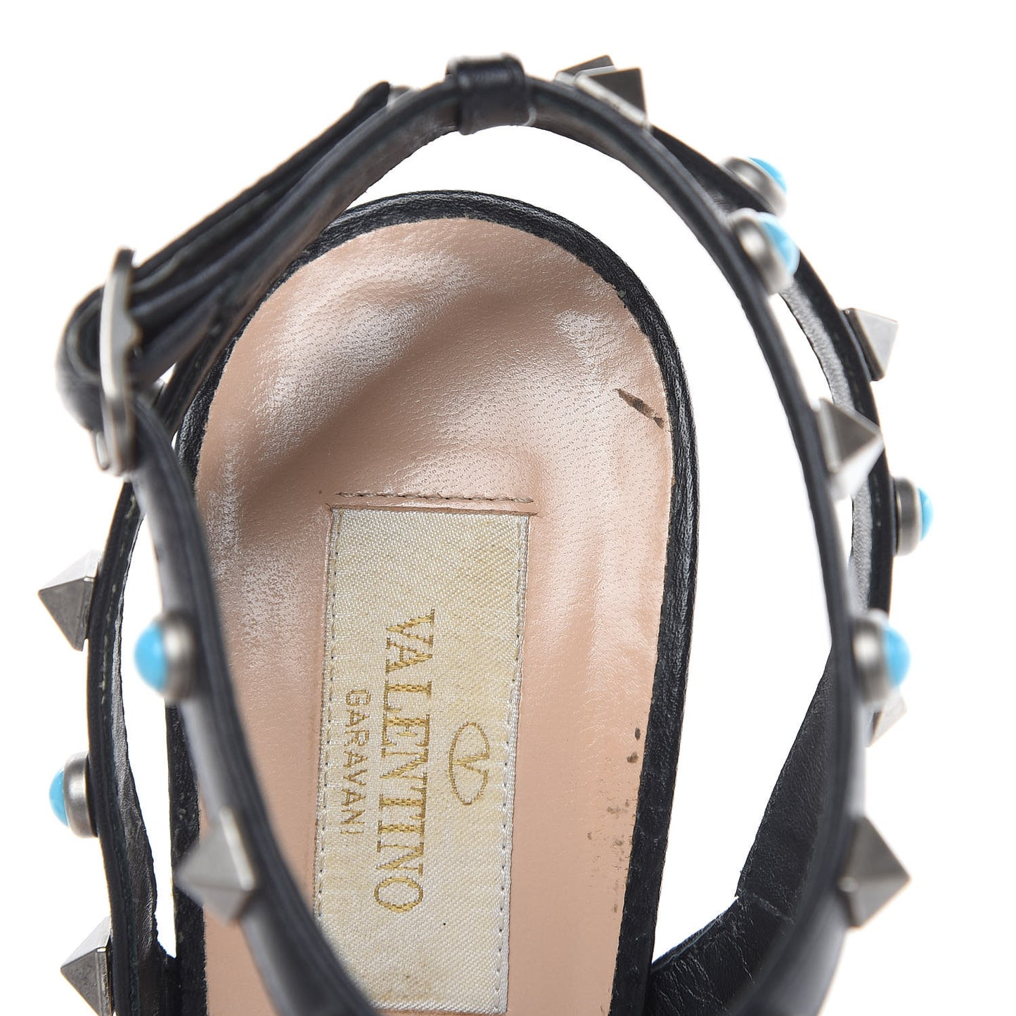 Pebbled Calfskin Turquoise Rockstud Rolling Ankle Strap 100mm Pumps 39.5 Black