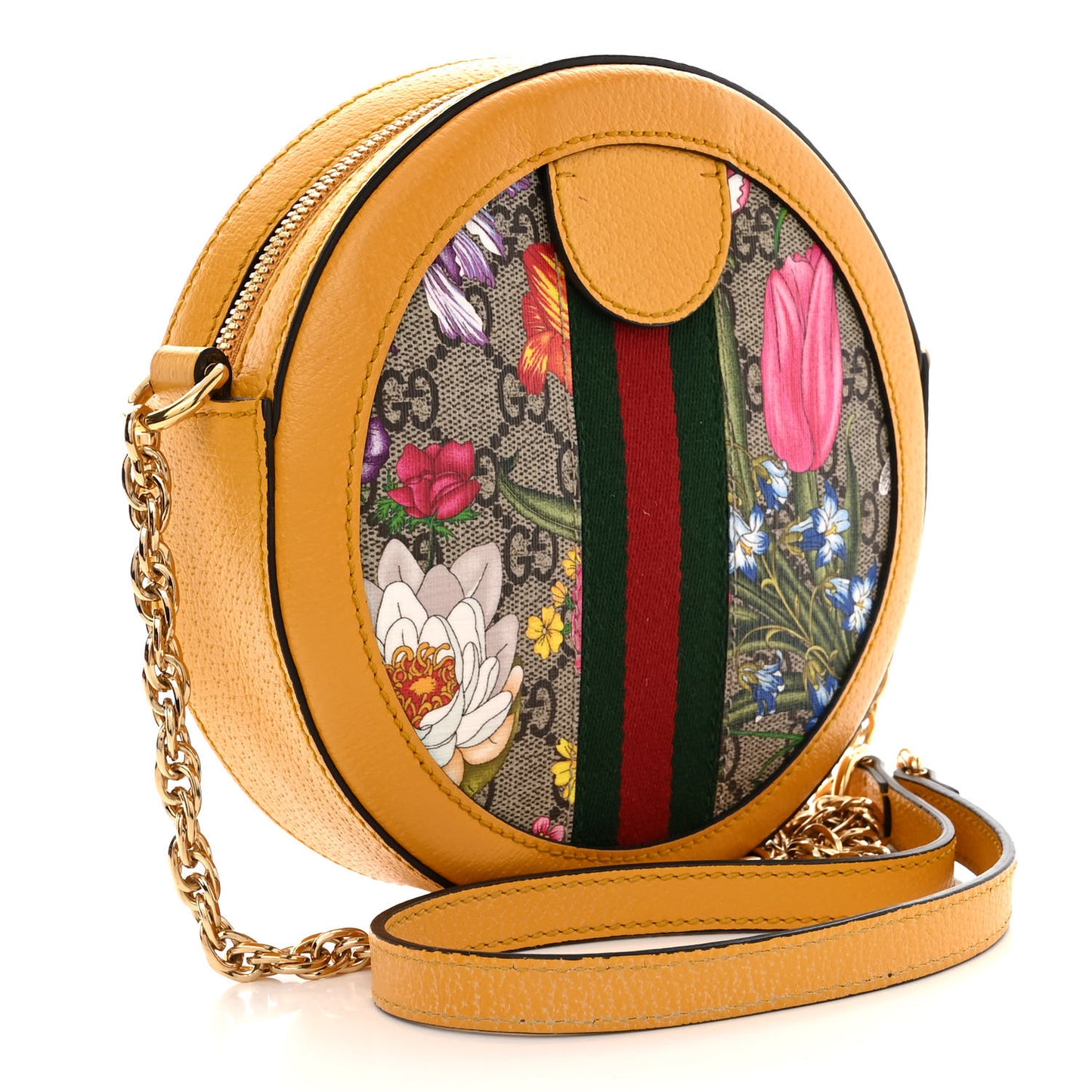 GG Supreme Monogram Flora Web Mini Ophidia Round Shoulder Bag Beige Multicolor Crop