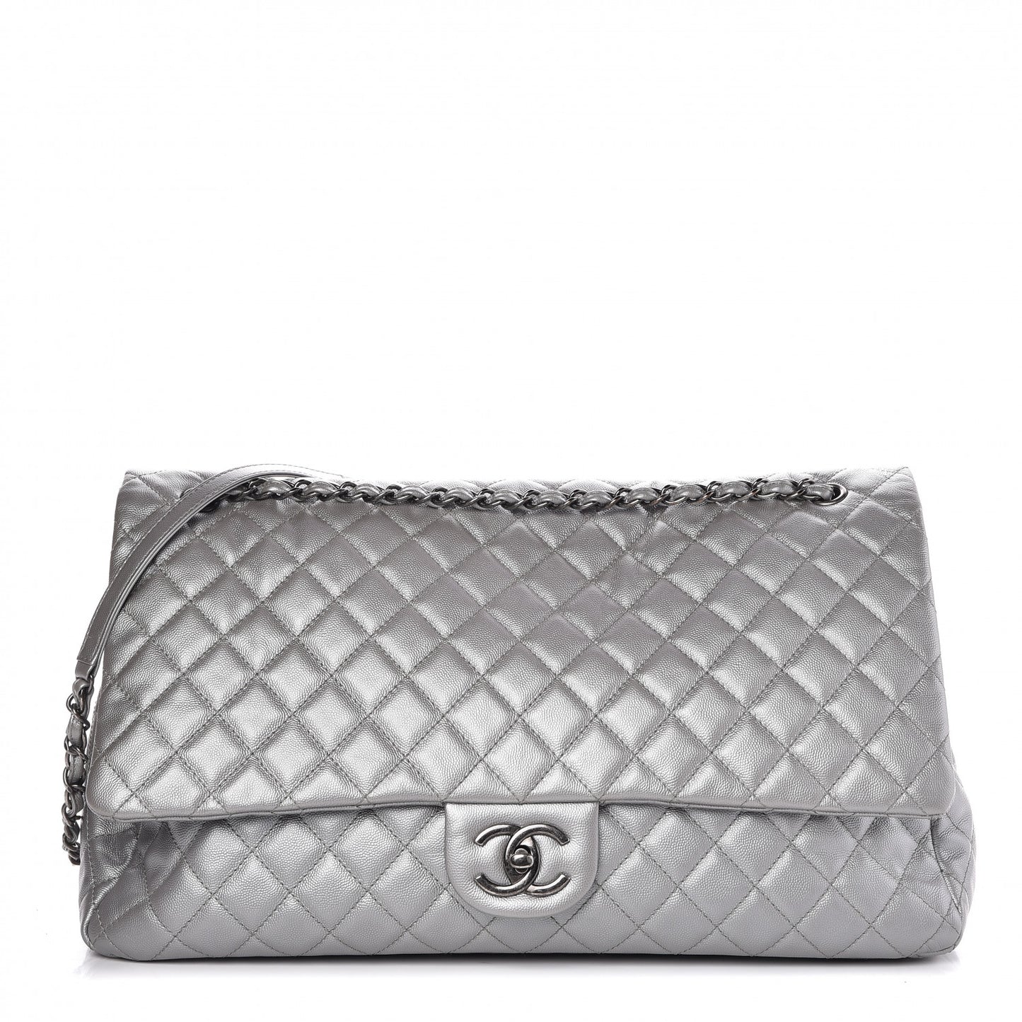 Metallic Calfskin Quilted XXL Travel Flap Bag Silver