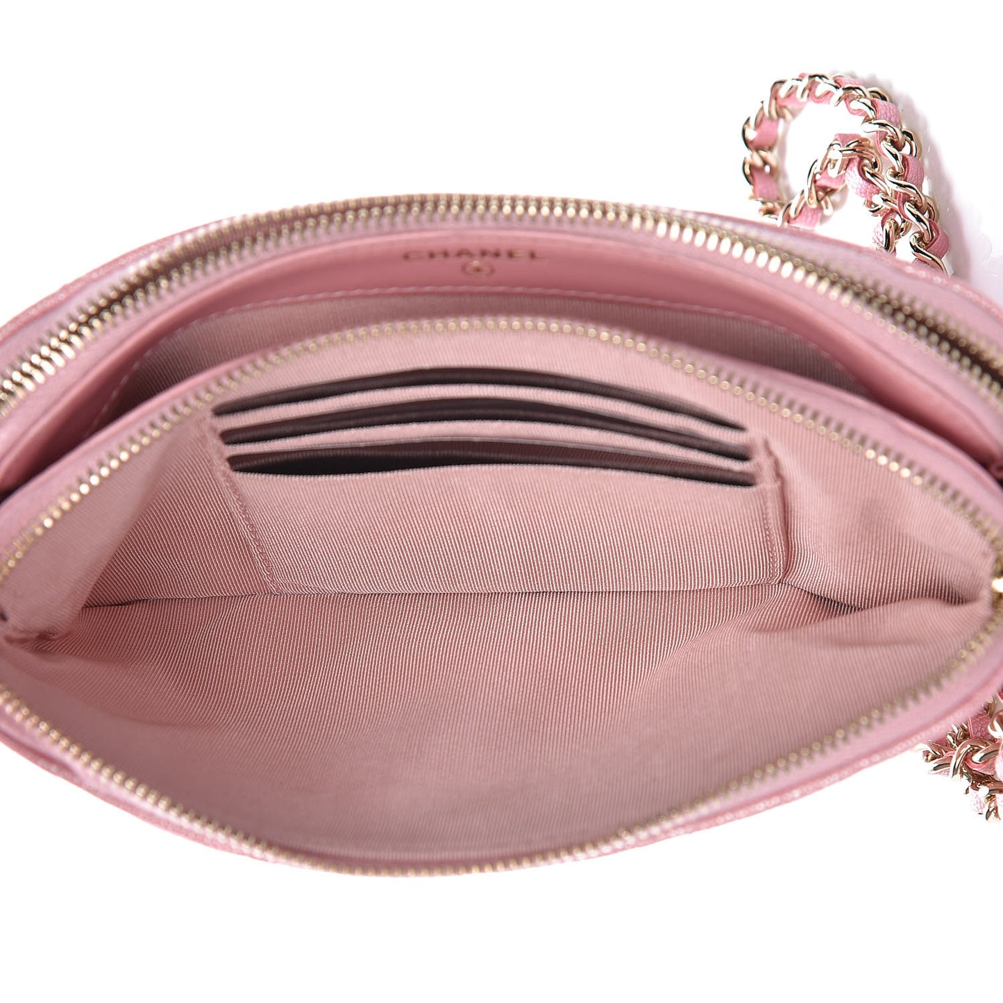 Iridescent Caviar Quilted Clutch With Chain Rose