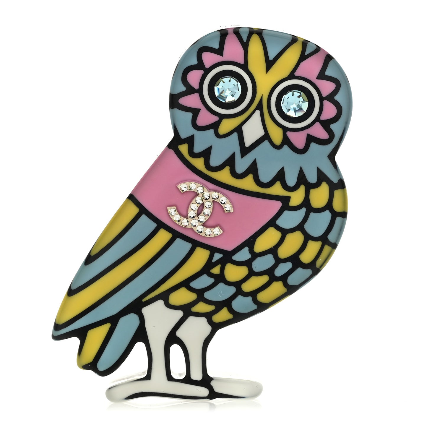 Resin Crystal Owl CC Brooch Blue Yellow Golden