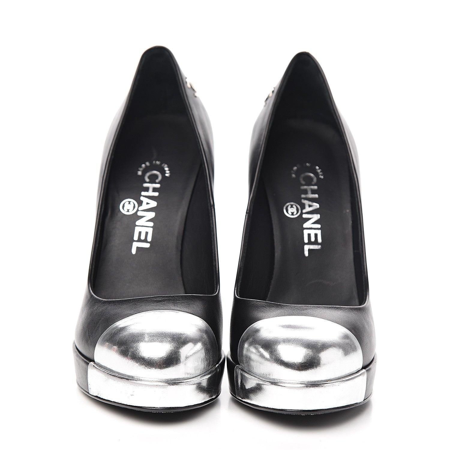 Chanel Calfskin Cap Toe CC Pumps 36.5 Black Silver 2 of 9
