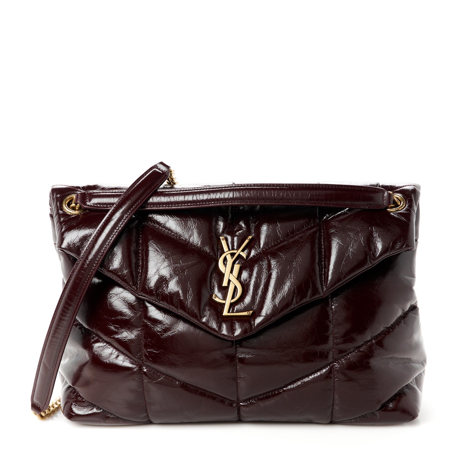 Saint Laurent Patent Lambskin Quilted Medium Loulou Puffer Monogram Chain Satchel Barolo Red 1 of 11