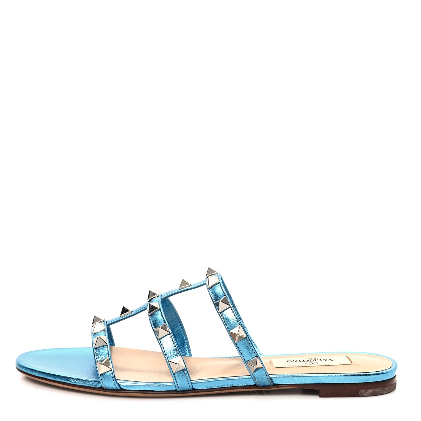 Metallic Nappa Rockstud Caged Flat Slide Sandals 36 Cerulean