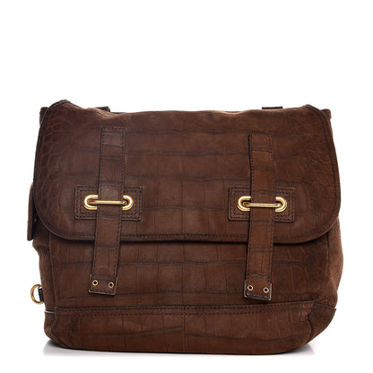 Saint Laurent Crocodile Embossed Nubuck Besace Shoulder Bag Brown Sand 1 of 9