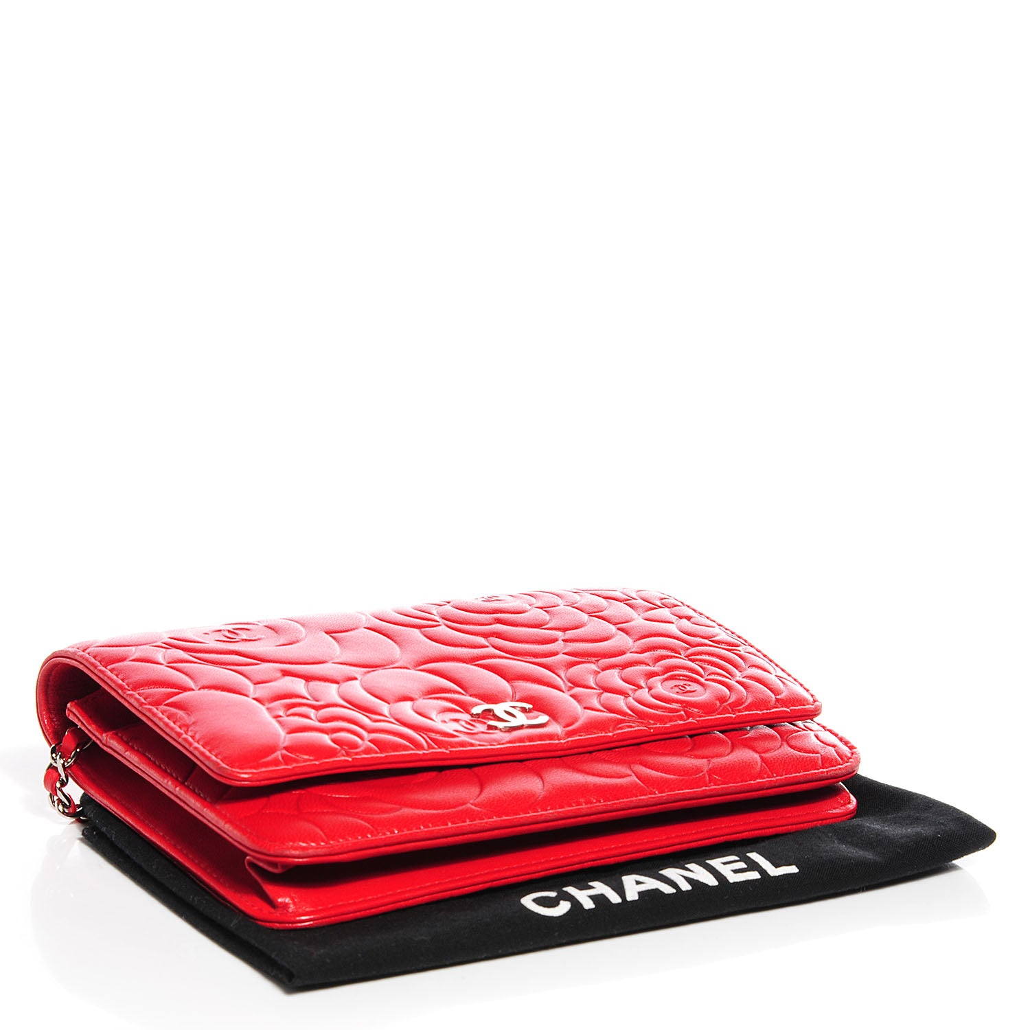 Chanel Lambskin Camellia Embossed Wallet On Chain WOC Red 4 of 8