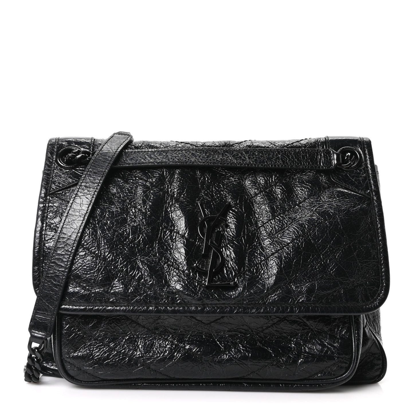 Crinkled Calfskin Matelasse Monogram Medium Niki Chain Satchel Black