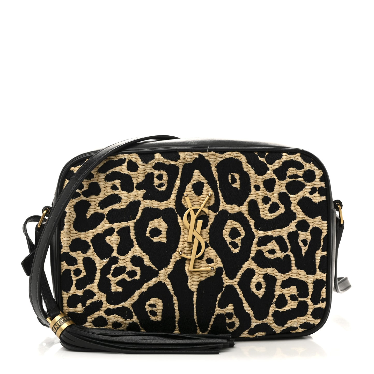 Raffia Calfskin Leopard Print Monogram Lou Camera Bag Natural Beige Black