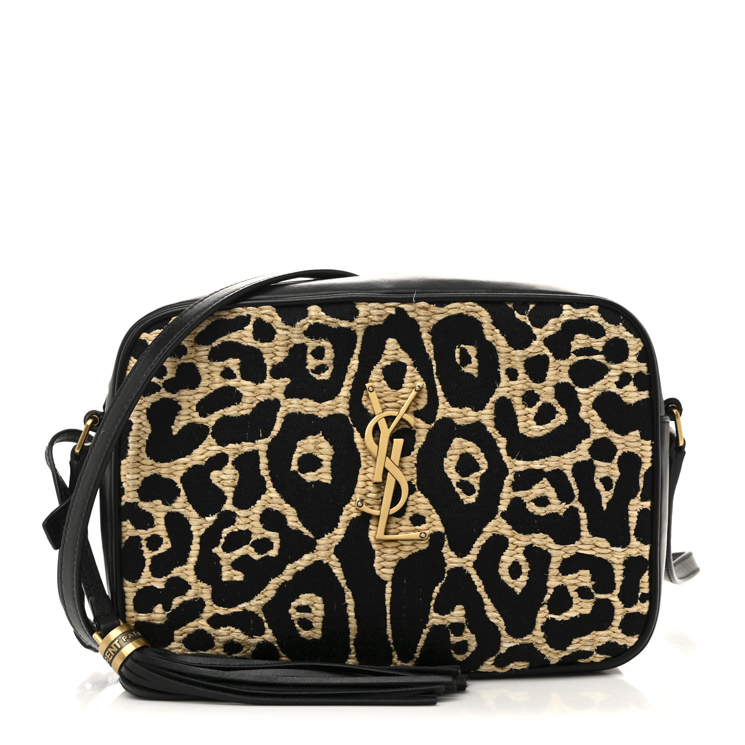 Saint Laurent Raffia Calfskin Leopard Print Monogram Lou Camera Bag Natural Beige Black 1 of 12