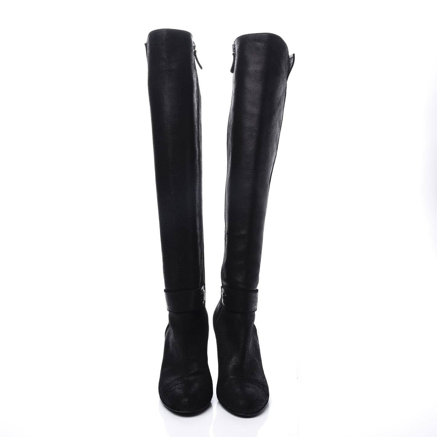 Suede Calfskin CC Knee High Boots 38 Black