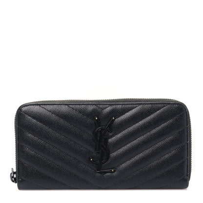 Saint Laurent Grain De Poudre Matelasse Chevron Monogram Monochrome Zip Around Wallet Black 1 of 9