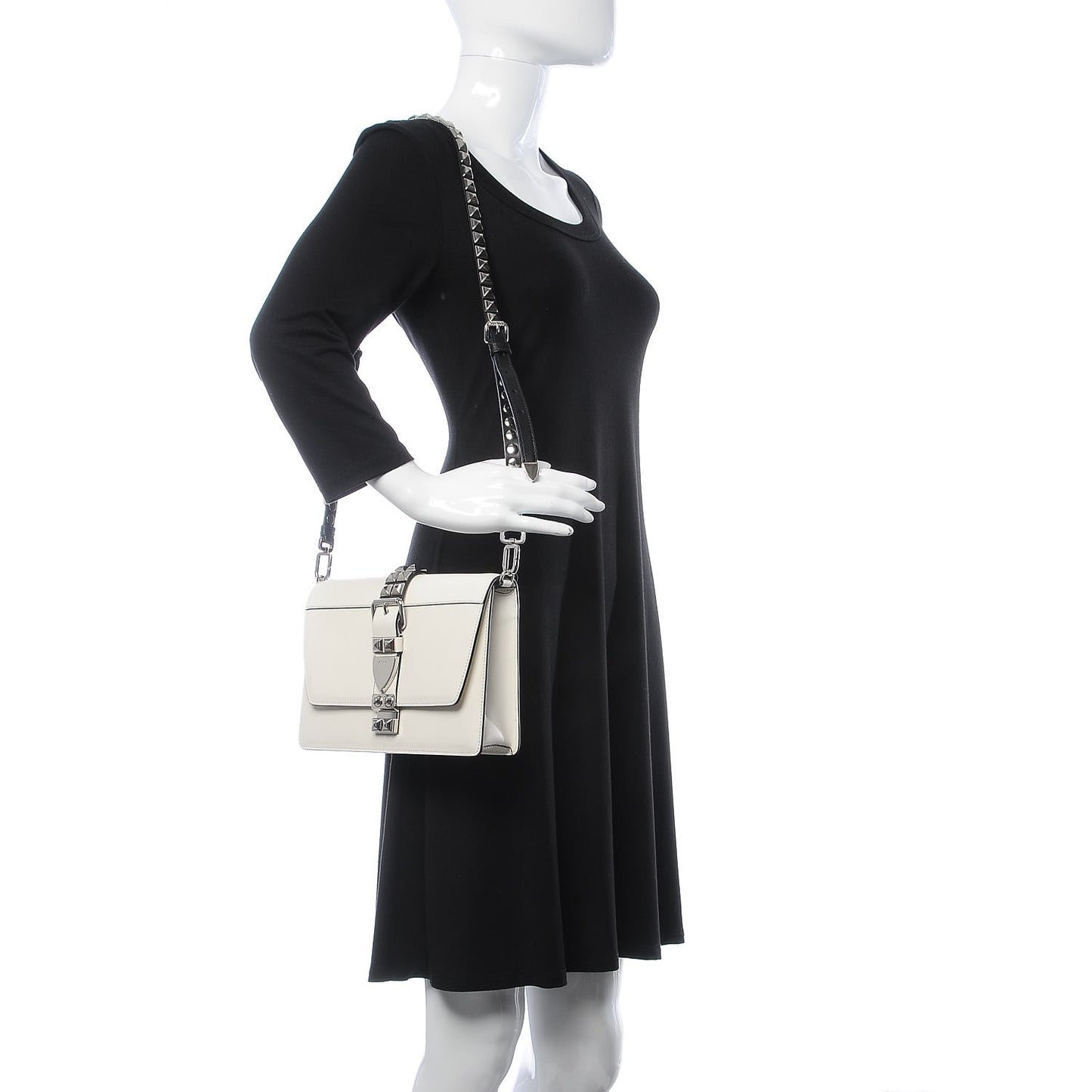 Saffiano City Calfskin Studded Large Elektra Shoulder Bag White