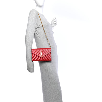 Saint Laurent Grain De Poudre Matelasse Chevron Monogram Chain Wallet New Red 2 of 12