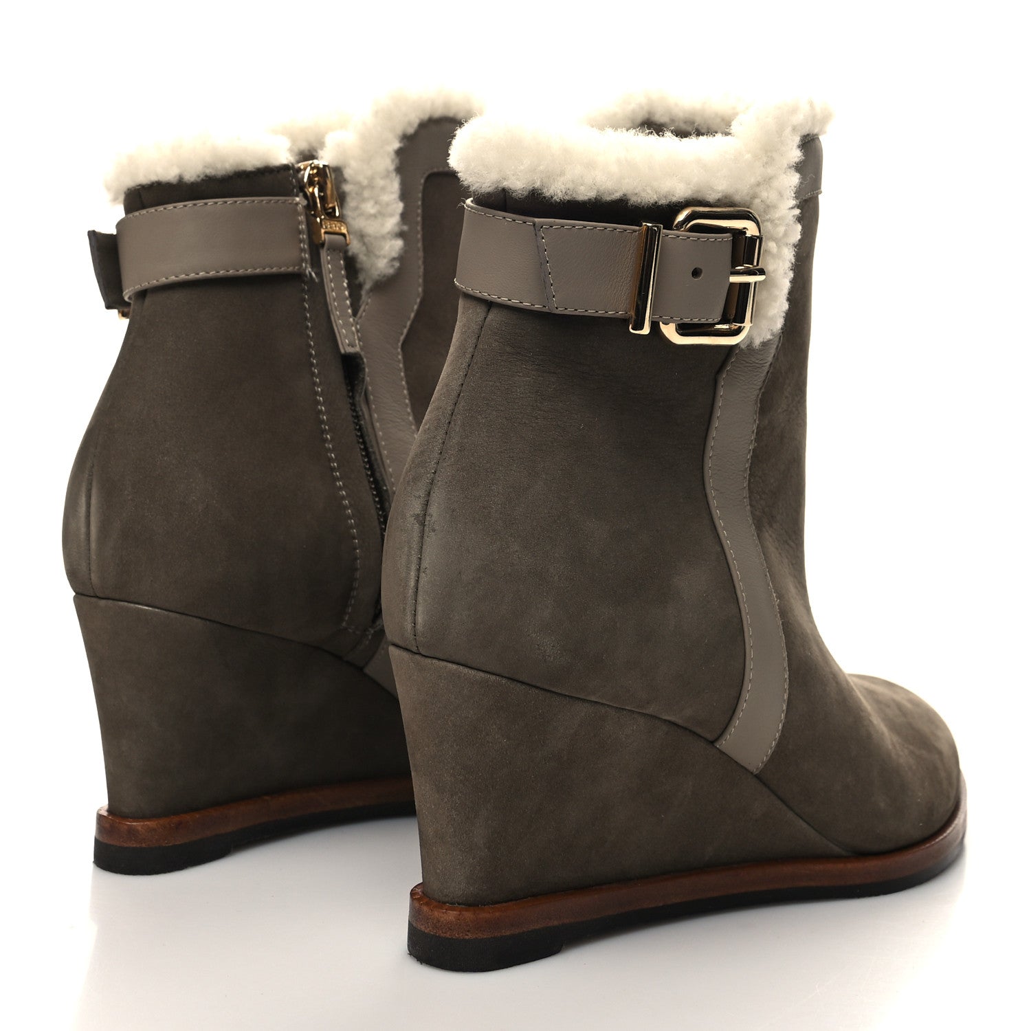 Fendi Suede Shearling Wedge Ankle Boots 37 Mastic Tortora Latte 4 of 8
