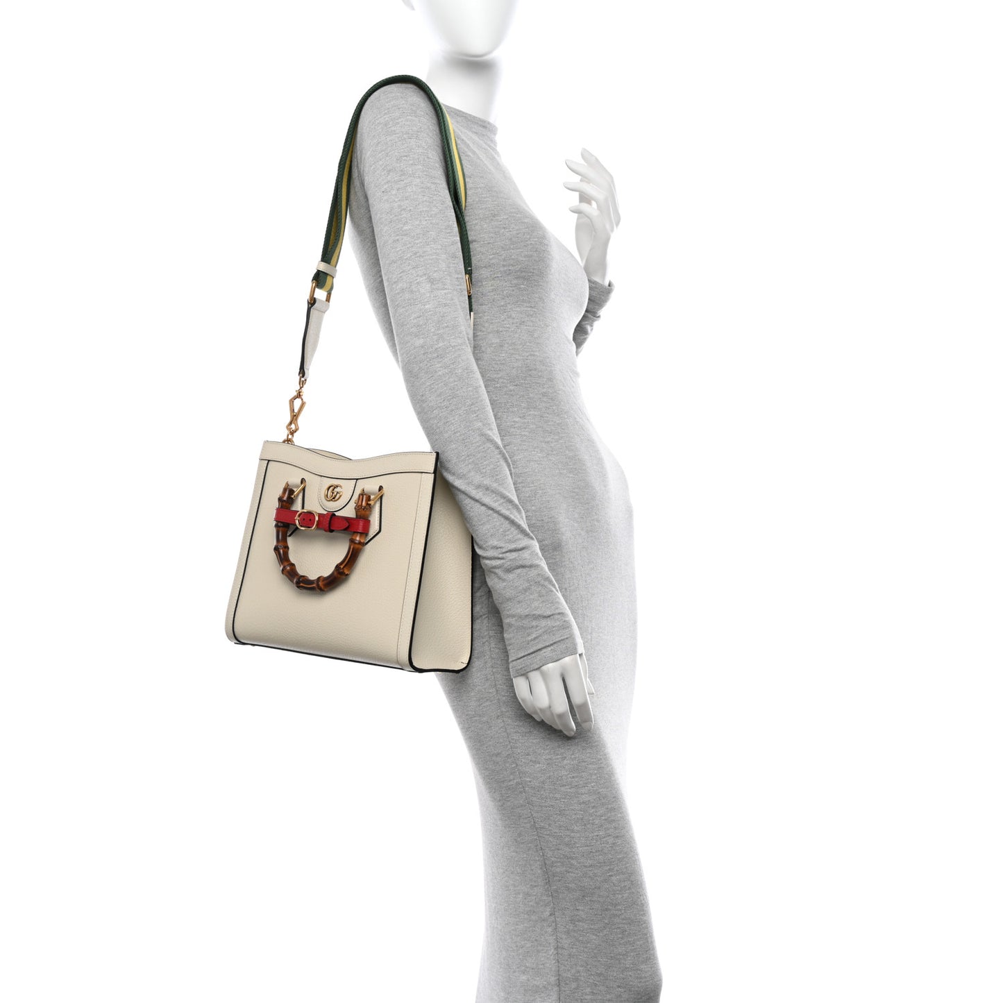 Textured Dollar Calfskin Web Small Diana Tote Bag Mystic White