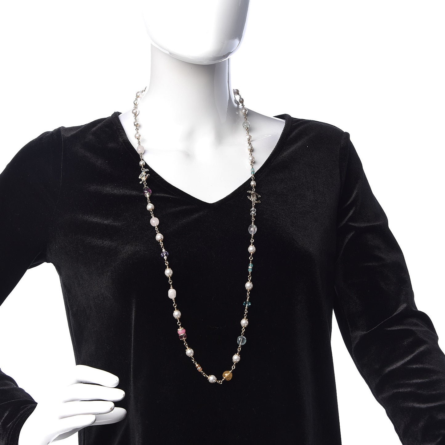 Crystal Pearl Glass CC Long Necklace Light Gold