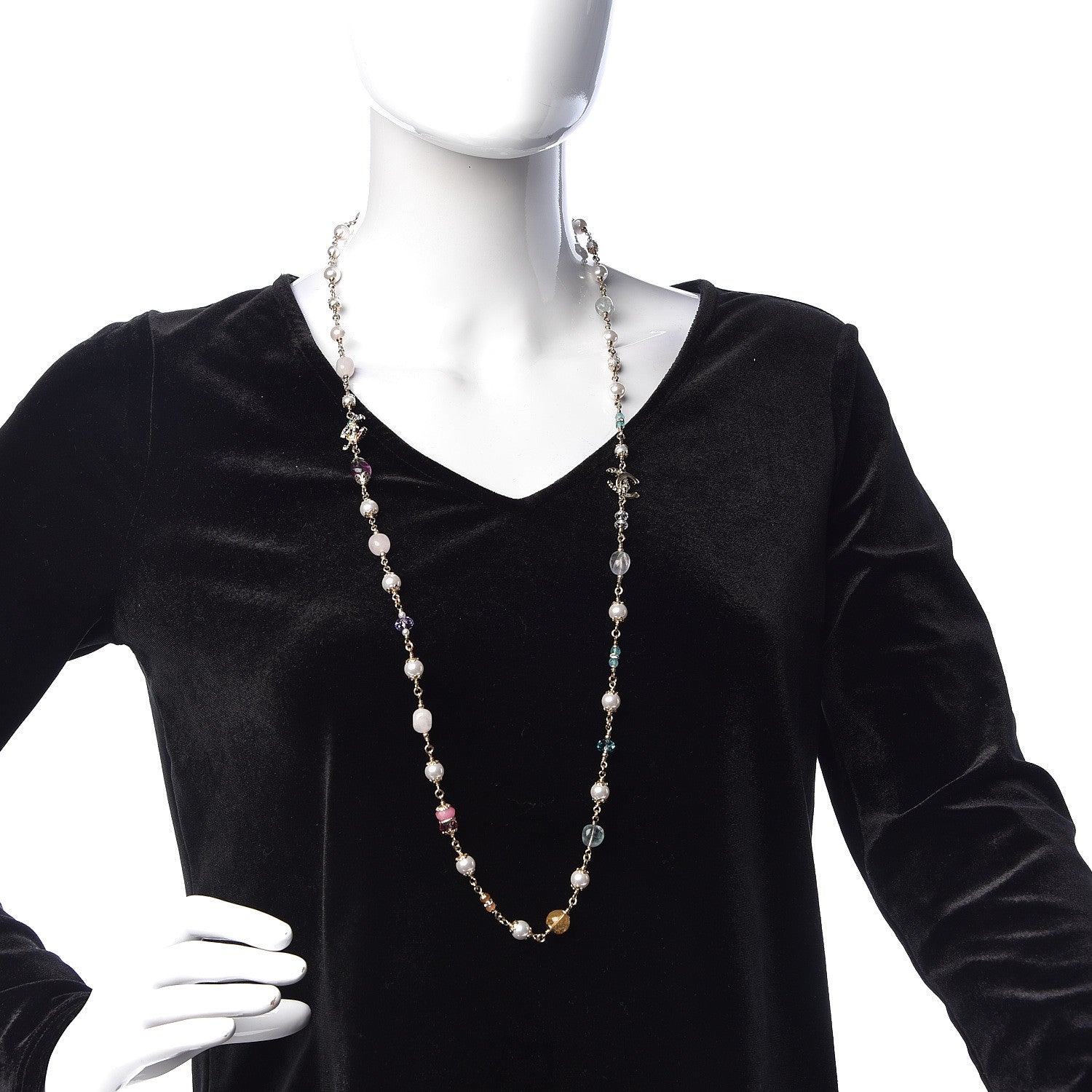 Chanel Crystal Pearl Glass CC Long Necklace Light Gold 2 of 5